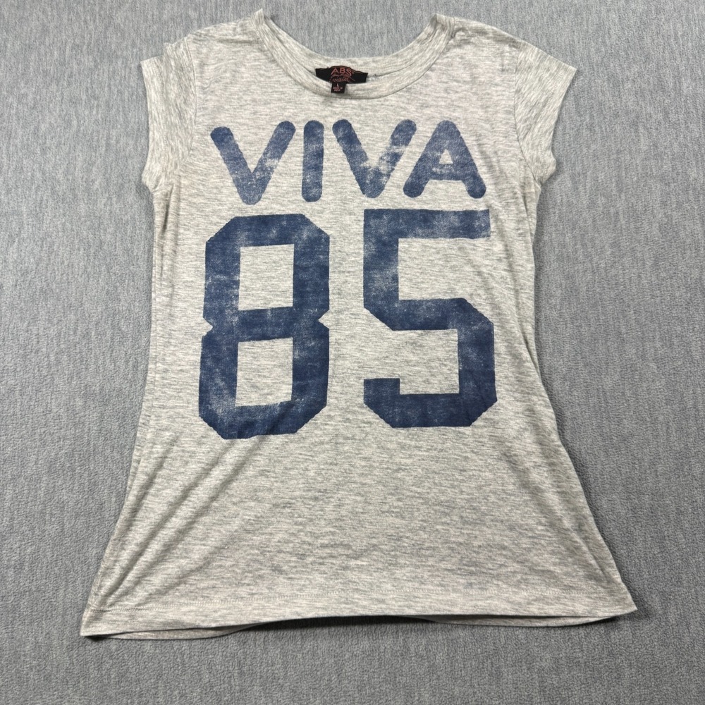ABS Allen Schwartz T-Shirt Womens L Gray Graphic Viva 85 Cap Sleeve Slub Tee
